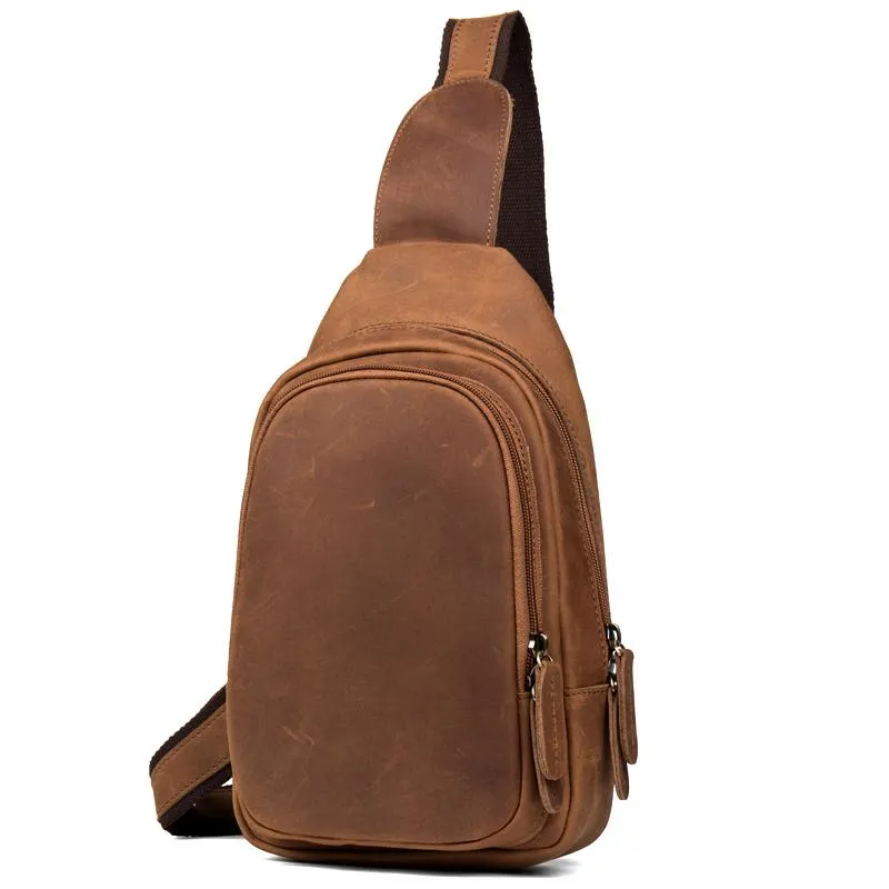 Cool Dark Brown Leather Mens Cool Sling Bag Crossbody Pack Brown Chest Bag Sling Pack for men
