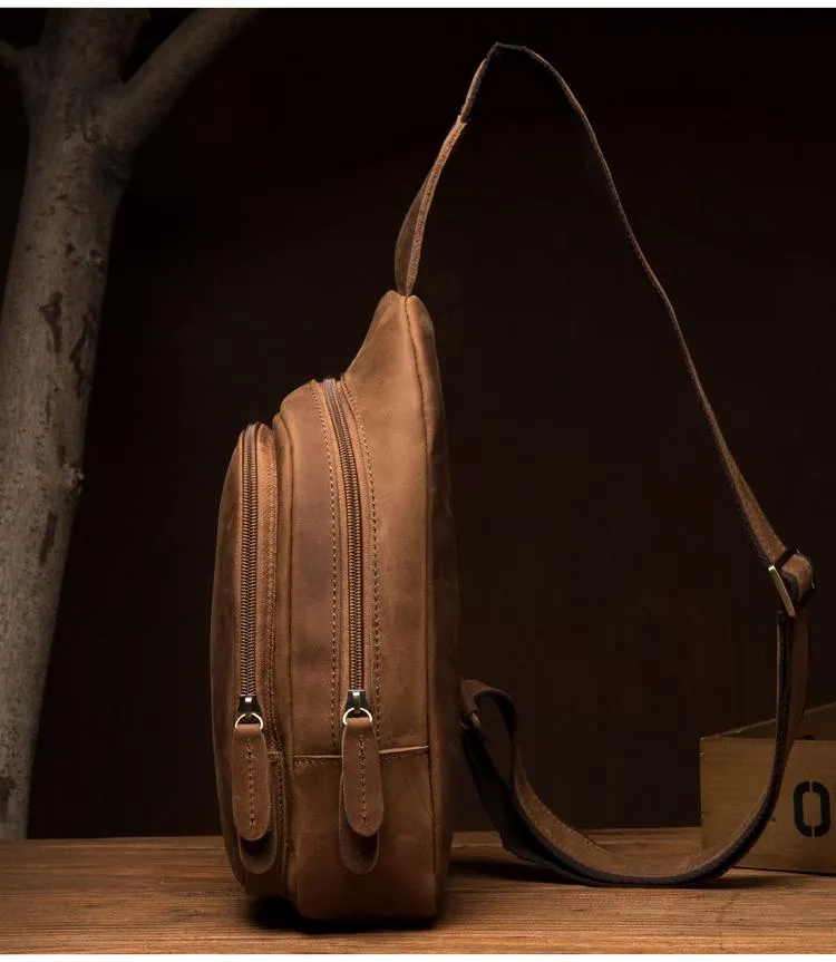 Cool Dark Brown Leather Mens Cool Sling Bag Crossbody Pack Brown Chest Bag Sling Pack for men