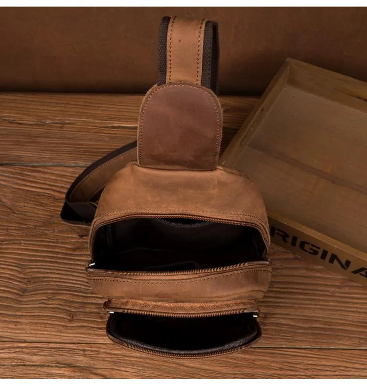 Cool Dark Brown Leather Mens Cool Sling Bag Crossbody Pack Brown Chest Bag Sling Pack for men