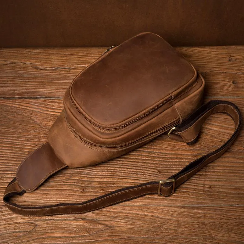 Cool Dark Brown Leather Mens Cool Sling Bag Crossbody Pack Brown Chest Bag Sling Pack for men