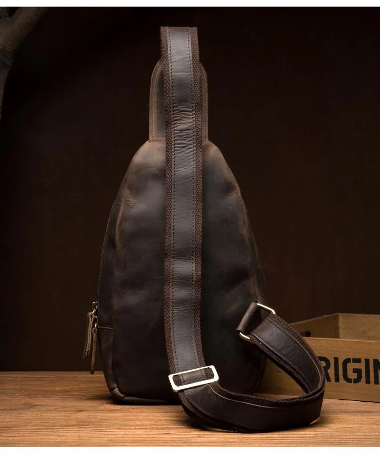 Cool Dark Brown Leather Mens Cool Sling Bag Crossbody Pack Brown Chest Bag Sling Pack for men
