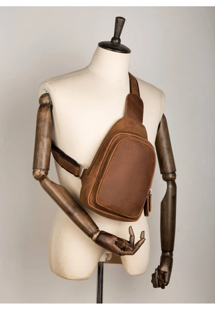 Cool Dark Brown Leather Mens Cool Sling Bag Crossbody Pack Brown Chest Bag Sling Pack for men