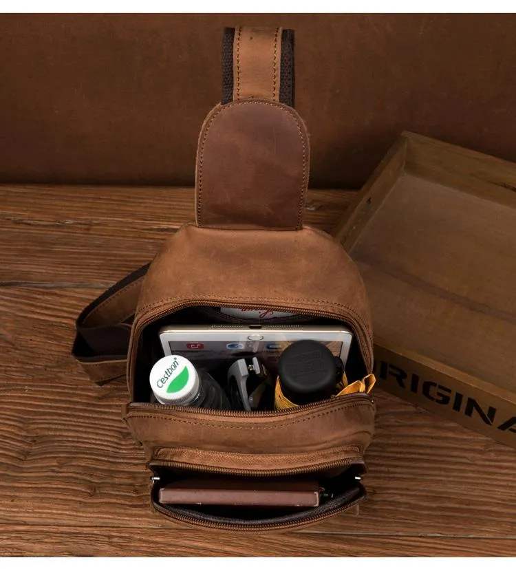 Cool Dark Brown Leather Mens Cool Sling Bag Crossbody Pack Brown Chest Bag Sling Pack for men