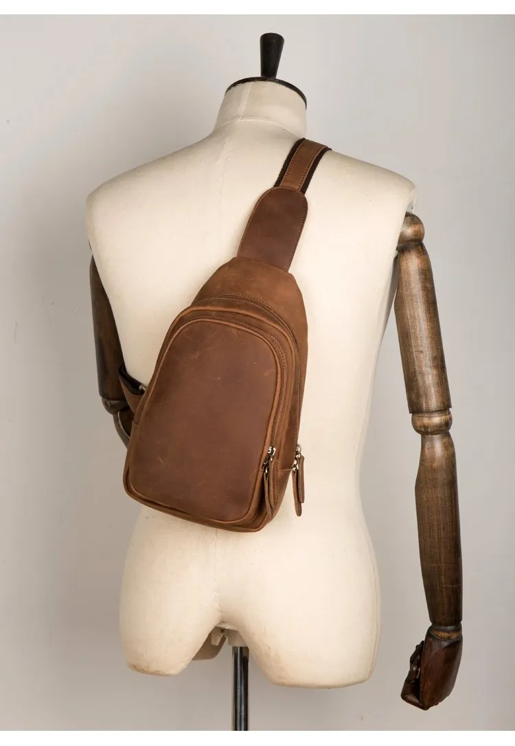 Cool Dark Brown Leather Mens Cool Sling Bag Crossbody Pack Brown Chest Bag Sling Pack for men