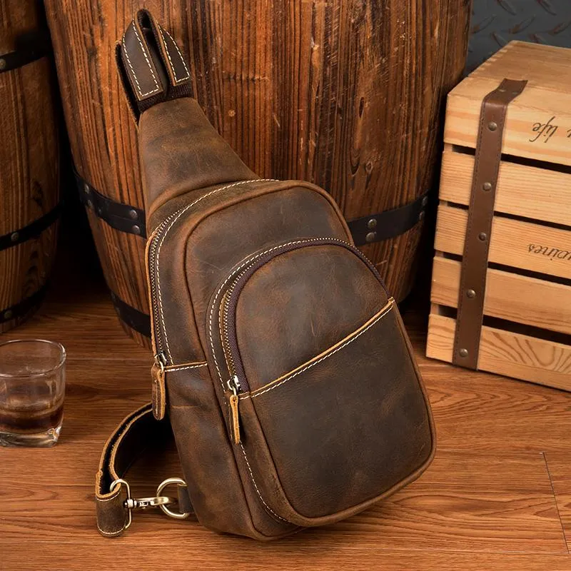 Cool Dark Brown Leather Mens Crossbody Pack Sling Bags Brown One Shoulder Pack Chest Bag for men