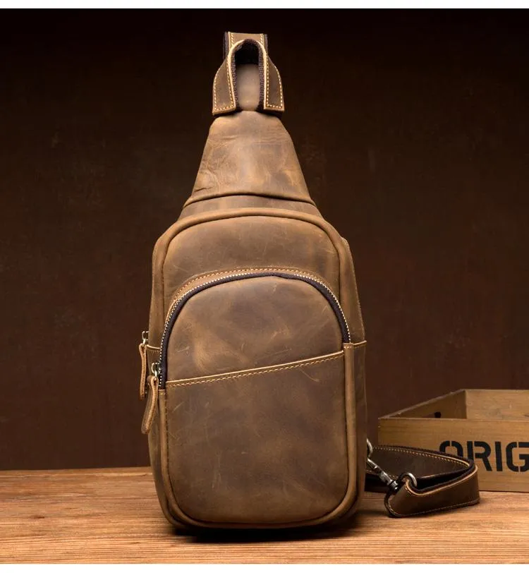 Cool Dark Brown Leather Mens Crossbody Pack Sling Bags Brown One Shoulder Pack Chest Bag for men