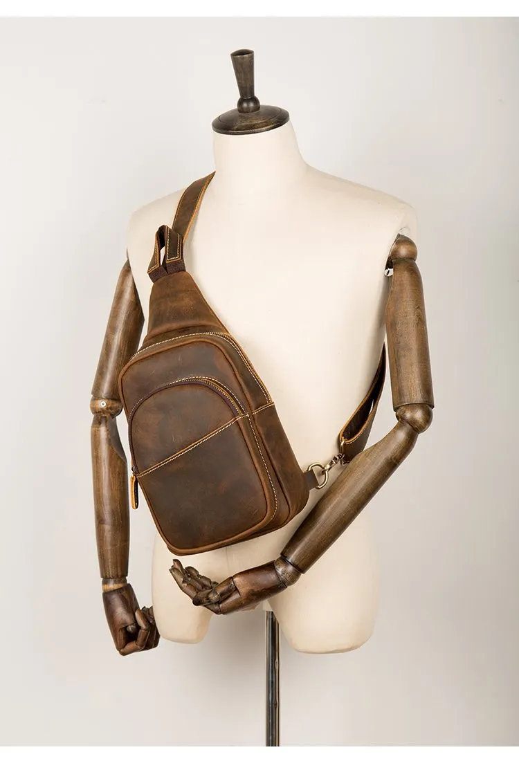Cool Dark Brown Leather Mens Crossbody Pack Sling Bags Brown One Shoulder Pack Chest Bag for men