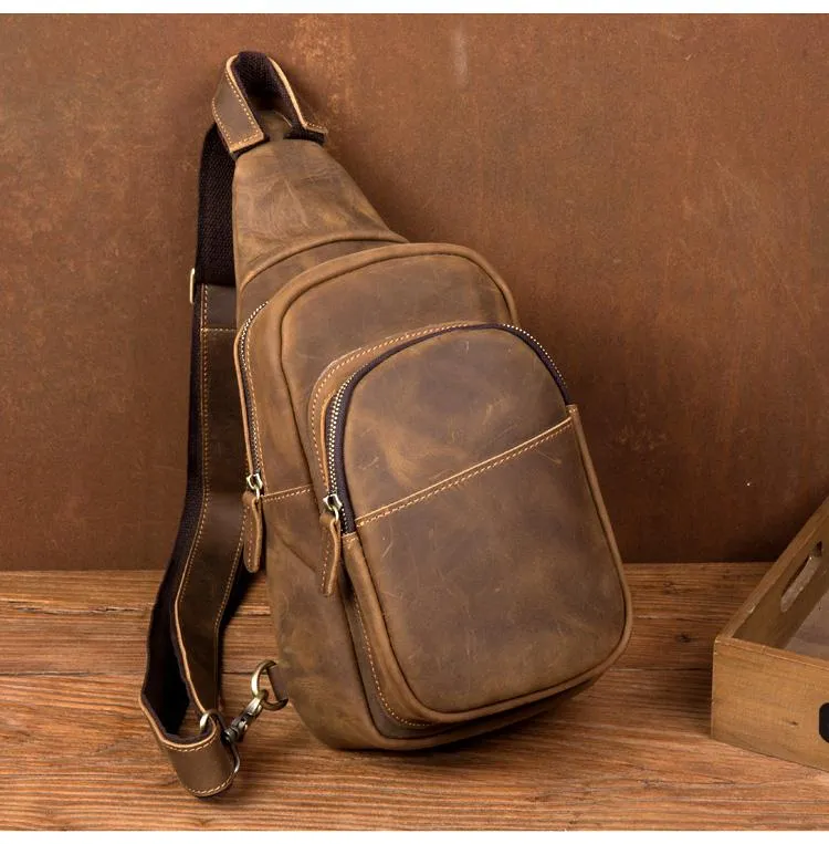 Cool Dark Brown Leather Mens Crossbody Pack Sling Bags Brown One Shoulder Pack Chest Bag for men