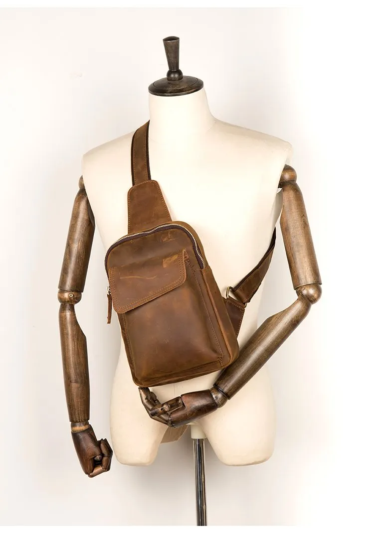 Cool Dark Brown Leather Mens Sling Bag Crossbody Pack One Shoulder Pack Brown Chest Bag for men