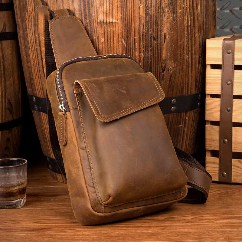 Cool Dark Brown Leather Mens Sling Bag Crossbody Pack One Shoulder Pack Brown Chest Bag for men