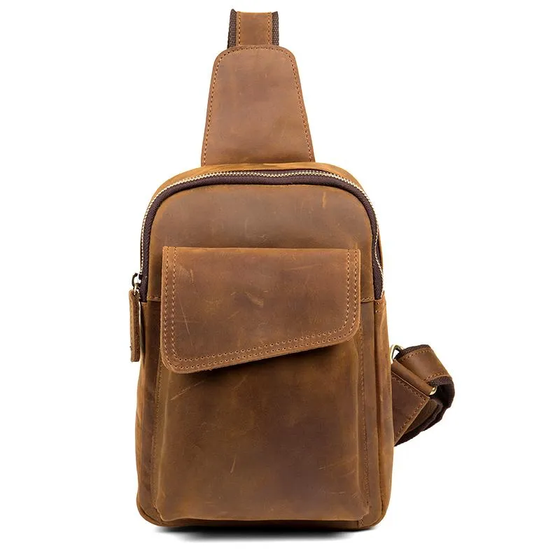 Cool Dark Brown Leather Mens Sling Bag Crossbody Pack One Shoulder Pack Brown Chest Bag for men