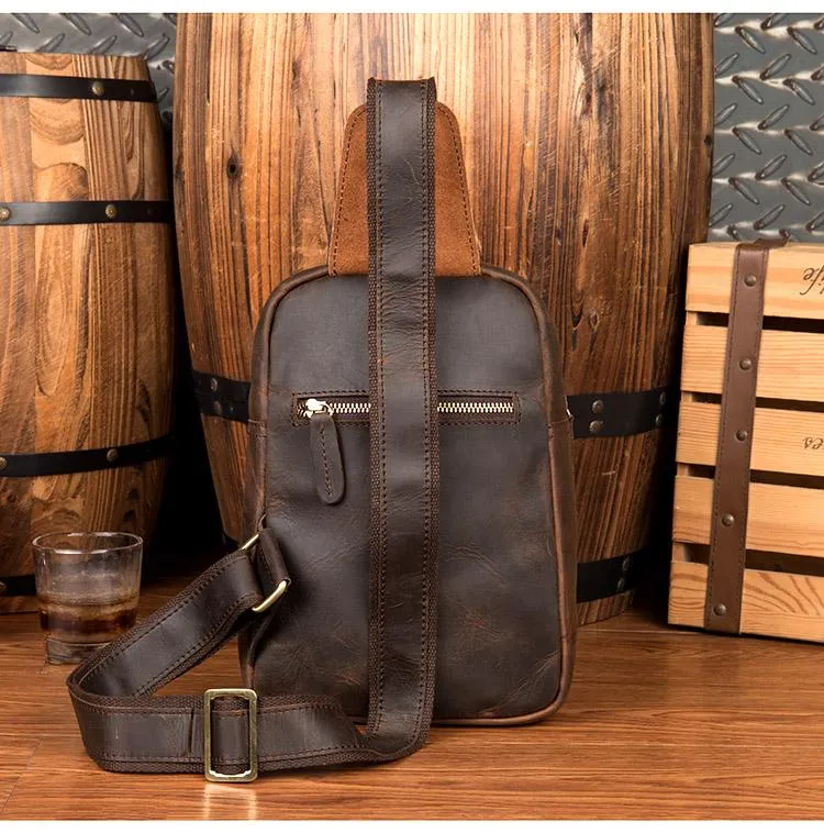Cool Dark Brown Leather Mens Sling Bag Crossbody Pack One Shoulder Pack Brown Chest Bag for men