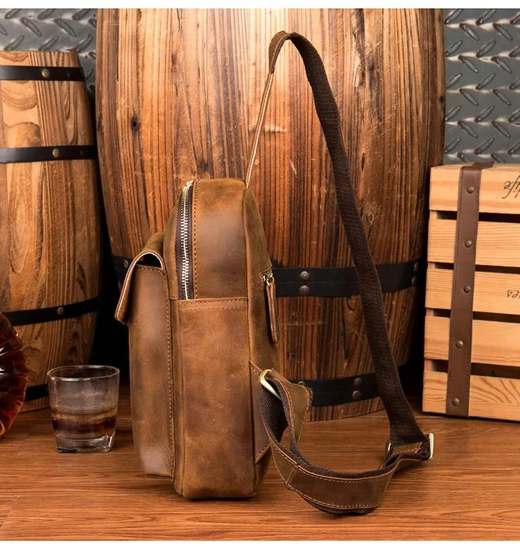 Cool Dark Brown Leather Mens Sling Bag Crossbody Pack One Shoulder Pack Brown Chest Bag for men