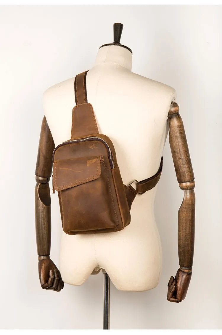 Cool Dark Brown Leather Mens Sling Bag Crossbody Pack One Shoulder Pack Brown Chest Bag for men