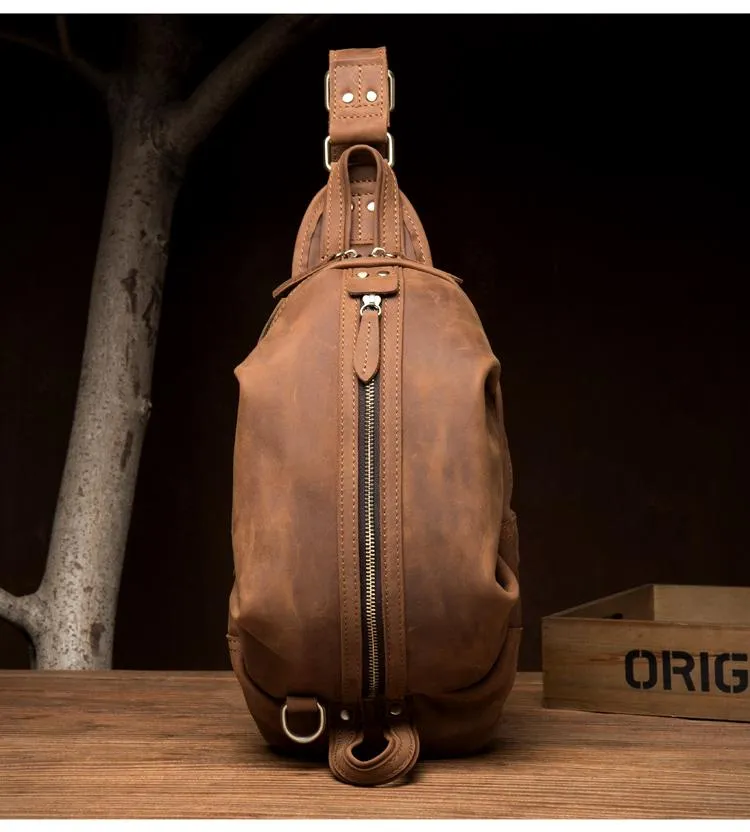 Cool Dark Brown Leather Mens Sling Pack Sling Bags Light Brown Crossbody Pack Chest Bag for men