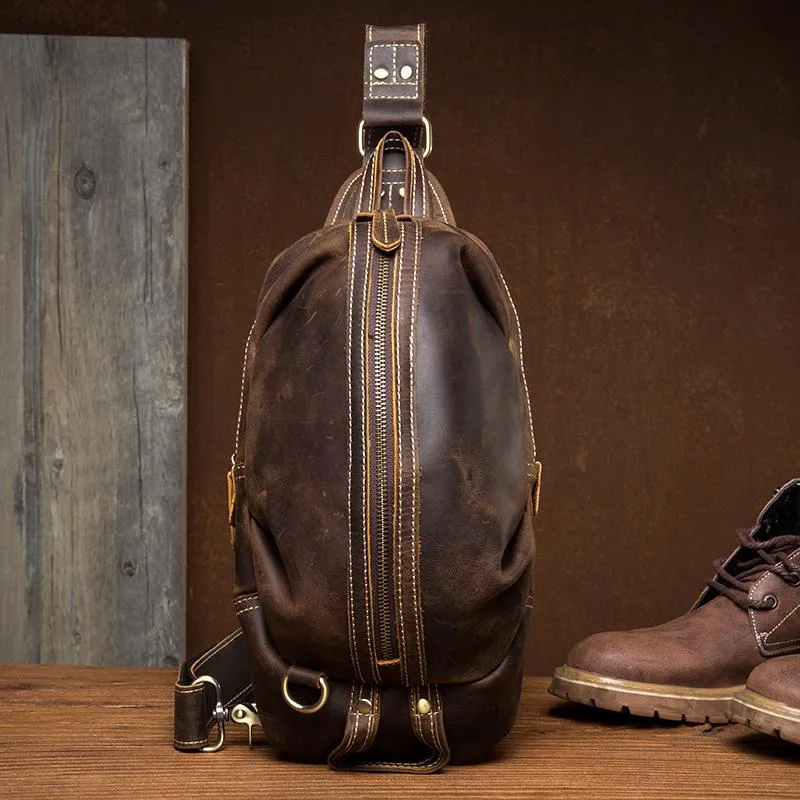 Cool Dark Brown Leather Mens Sling Pack Sling Bags Light Brown Crossbody Pack Chest Bag for men