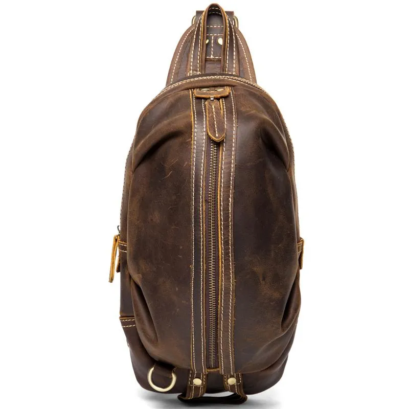 Cool Dark Brown Leather Mens Sling Pack Sling Bags Light Brown Crossbody Pack Chest Bag for men