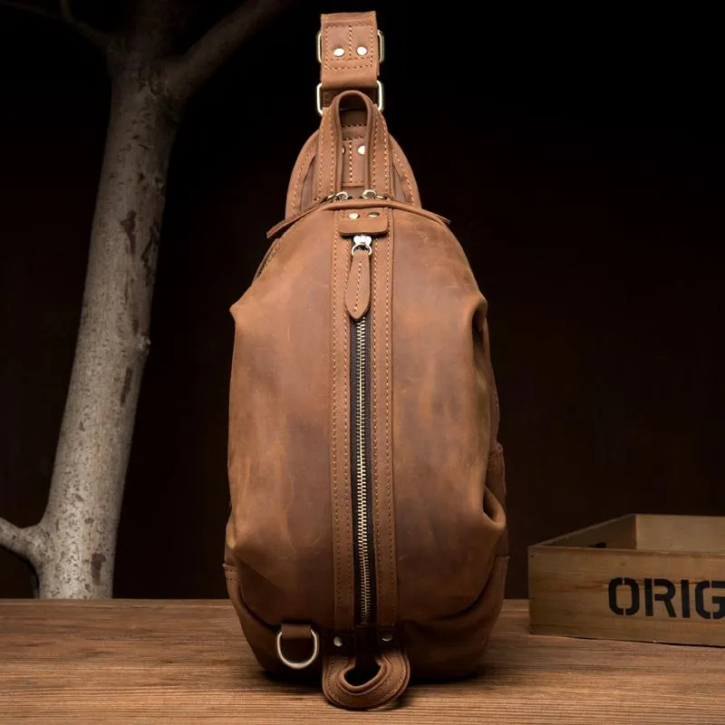 Cool Dark Brown Leather Mens Sling Pack Sling Bags Light Brown Crossbody Pack Chest Bag for men