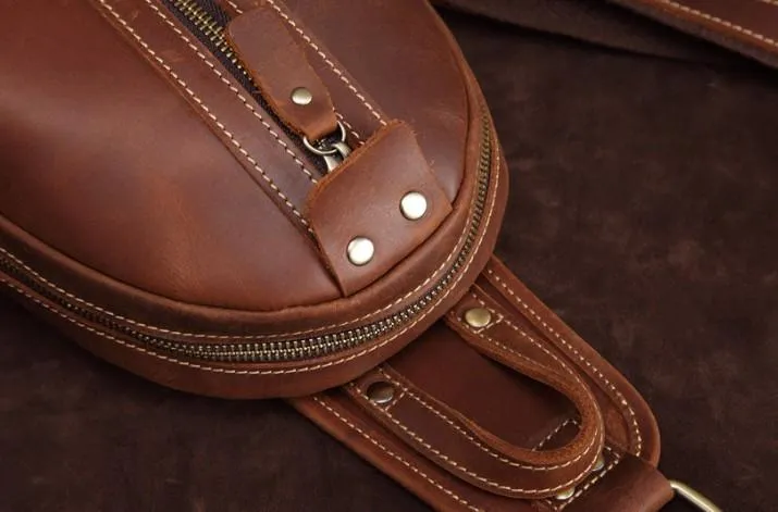 Cool Dark Brown Mens Leather One Shoulder Backpack Chest Bag Sling Bag For Mens