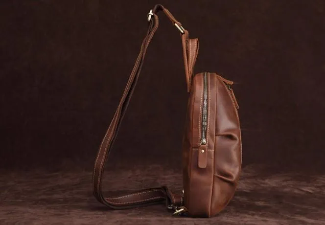 Cool Dark Brown Mens Leather One Shoulder Backpack Chest Bag Sling Bag For Mens