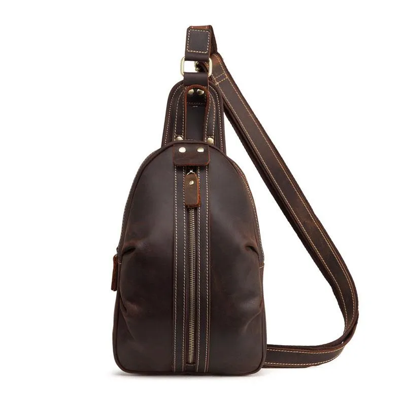 Cool Dark Brown Mens Leather One Shoulder Backpack Chest Bag Sling Bag For Mens