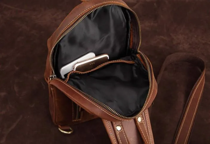 Cool Dark Brown Mens Leather One Shoulder Backpack Chest Bag Sling Bag For Mens
