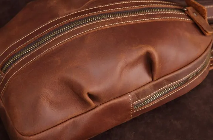Cool Dark Brown Mens Leather One Shoulder Backpack Chest Bag Sling Bag For Mens
