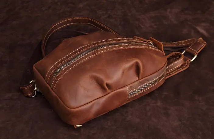 Cool Dark Brown Mens Leather One Shoulder Backpack Chest Bag Sling Bag For Mens