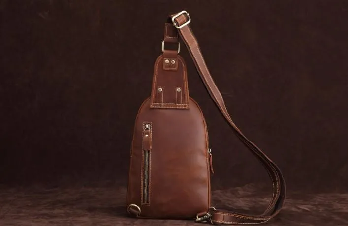Cool Dark Brown Mens Leather One Shoulder Backpack Chest Bag Sling Bag For Mens