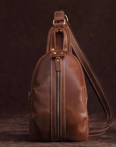 Cool Dark Brown Mens Leather One Shoulder Backpack Chest Bag Sling Bag For Mens