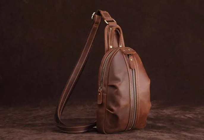 Cool Dark Brown Mens Leather One Shoulder Backpack Chest Bag Sling Bag For Mens