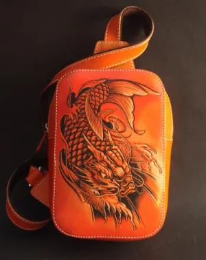 Cool Handmade Tooled Leather Dragon Carp Sling Bag Chest Bag One Shoulder Backpack For Men
