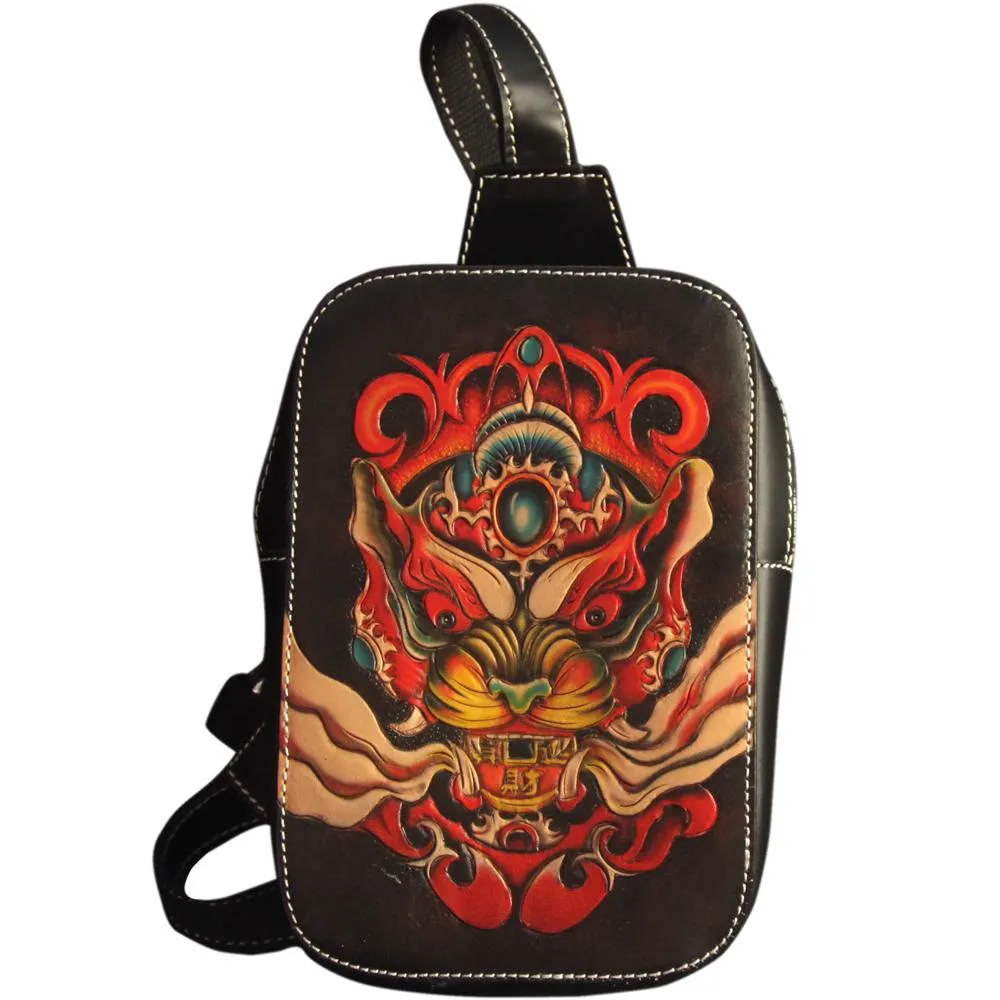 Cool Handmade Tooled Leather Floral Sling Bag Chest Bag One Shoulder Backpack For Men