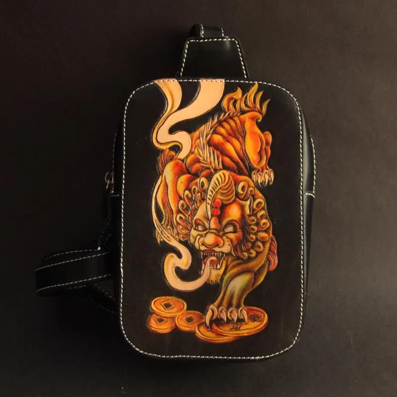 Cool Handmade Tooled Leather Tang Lion Sling Bag Chest Bag One Shoulder Backpack For Men