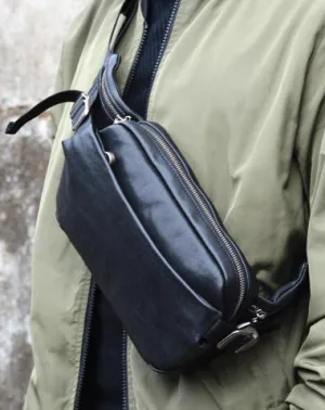 Cool Leather Black Fanny Pack Men's Black Chest Bag Hip Bag Fanny Bag Waist Bag For Men