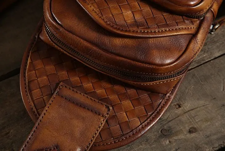 Cool Leather Braided Mens Chest Bag Sling Bag Sling Crossbody Bag for men