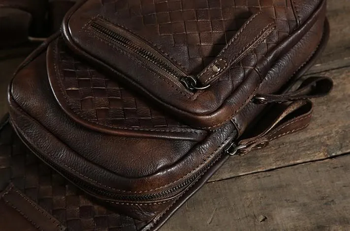 Cool Leather Braided Mens Chest Bag Sling Bag Sling Crossbody Bag for men