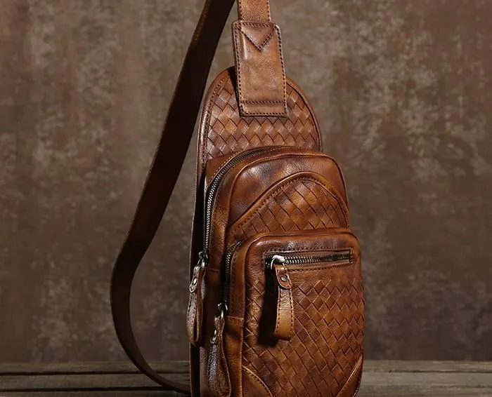 Cool Leather Braided Mens Chest Bag Sling Bag Sling Crossbody Bag for men