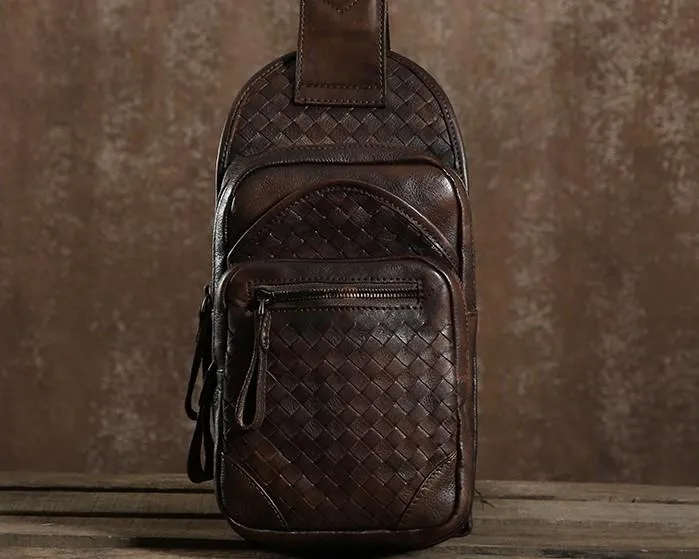 Cool Leather Braided Mens Chest Bag Sling Bag Sling Crossbody Bag for men