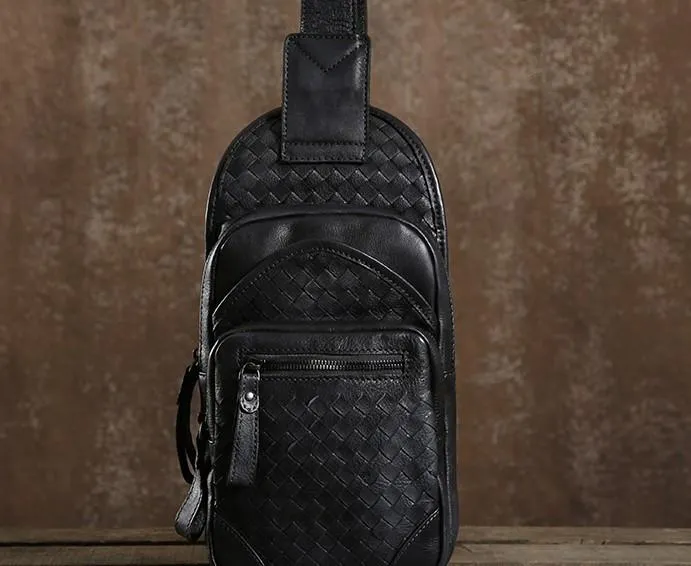 Cool Leather Braided Mens Chest Bag Sling Bag Sling Crossbody Bag for men