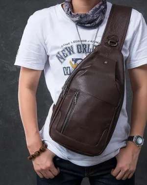 Cool Leather Mens 10" Black Sling Bag Chest Bag One Shoulder Backpack for Men