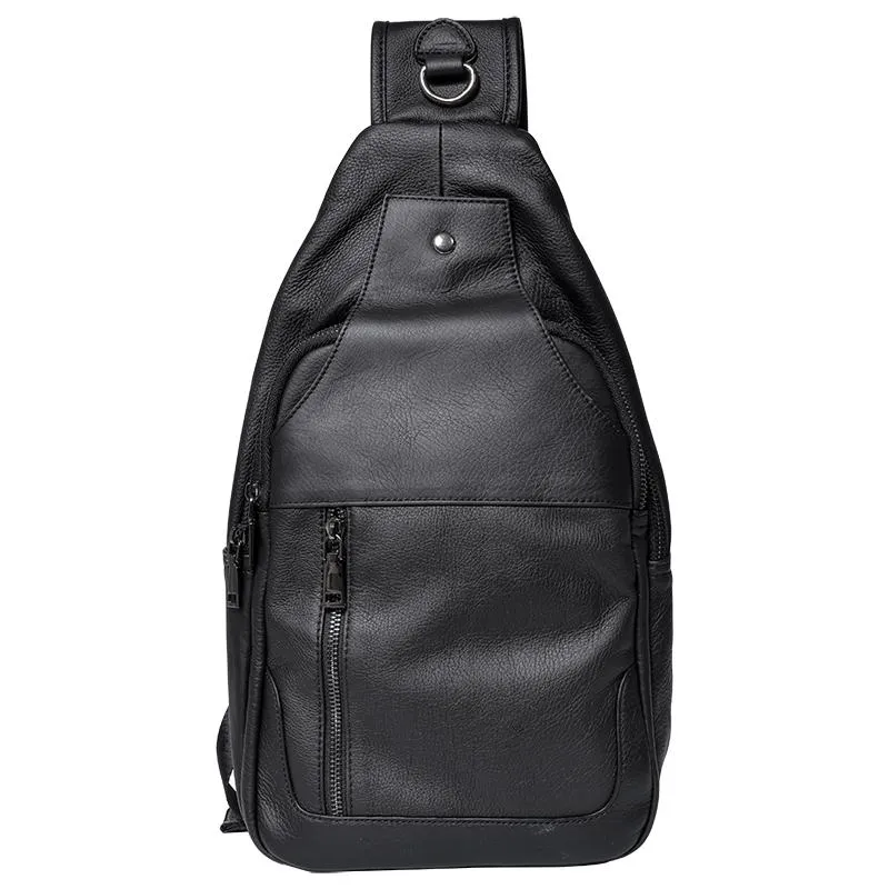 Cool Leather Mens 10" Black Sling Bag Chest Bag One Shoulder Backpack for Men