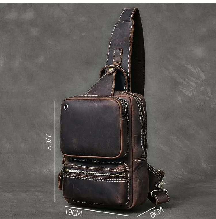 Cool Leather Mens 10" Brown Sling Bag Chest Bag Dark Coffee One Shoulder Backpack for Men