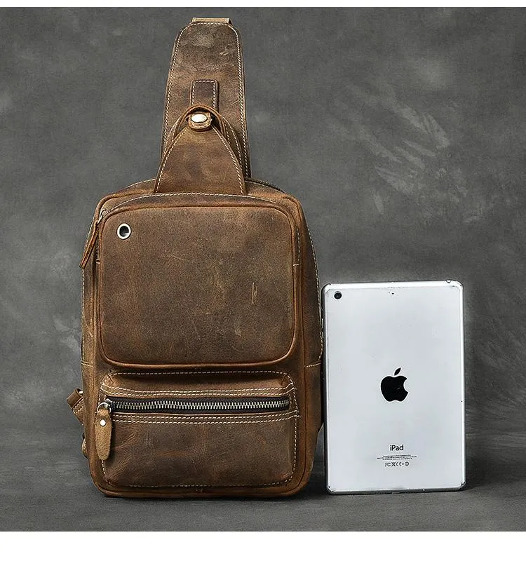 Cool Leather Mens 10" Brown Sling Bag Chest Bag Dark Coffee One Shoulder Backpack for Men