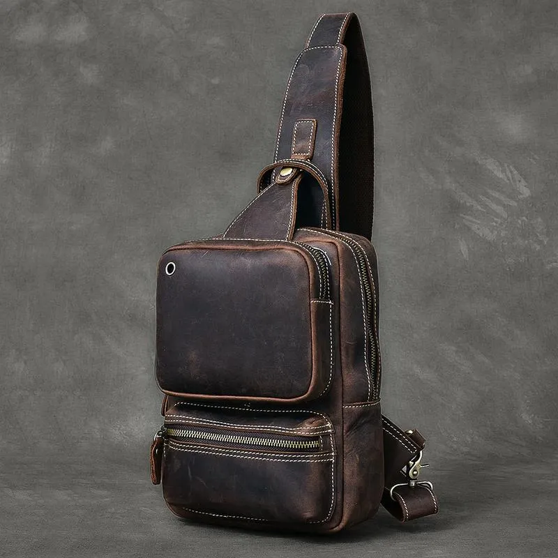 Cool Leather Mens 10" Brown Sling Bag Chest Bag Dark Coffee One Shoulder Backpack for Men