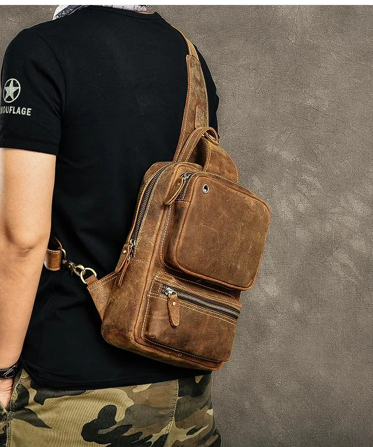 Cool Leather Mens 10" Brown Sling Bag Chest Bag Dark Coffee One Shoulder Backpack for Men