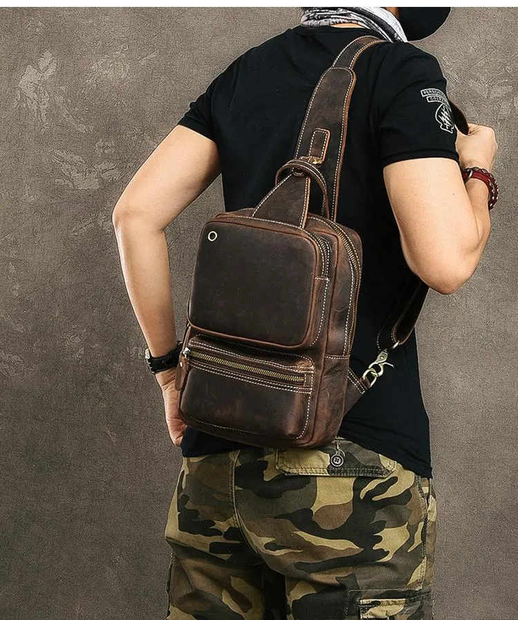 Cool Leather Mens 10" Brown Sling Bag Chest Bag Dark Coffee One Shoulder Backpack for Men