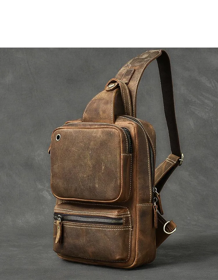 Cool Leather Mens 10" Brown Sling Bag Chest Bag Dark Coffee One Shoulder Backpack for Men