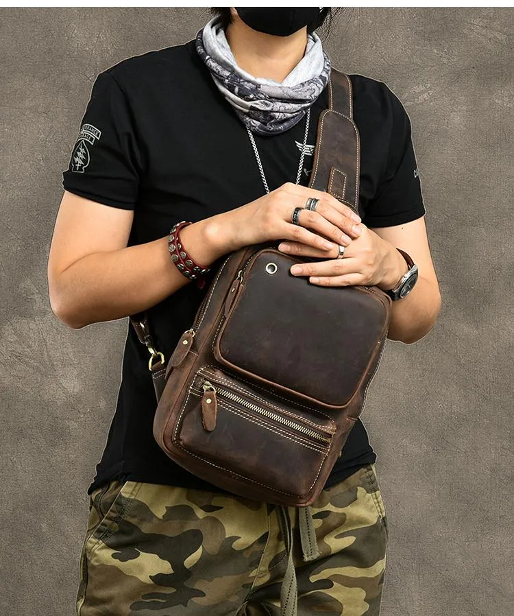 Cool Leather Mens 10" Brown Sling Bag Chest Bag Dark Coffee One Shoulder Backpack for Men