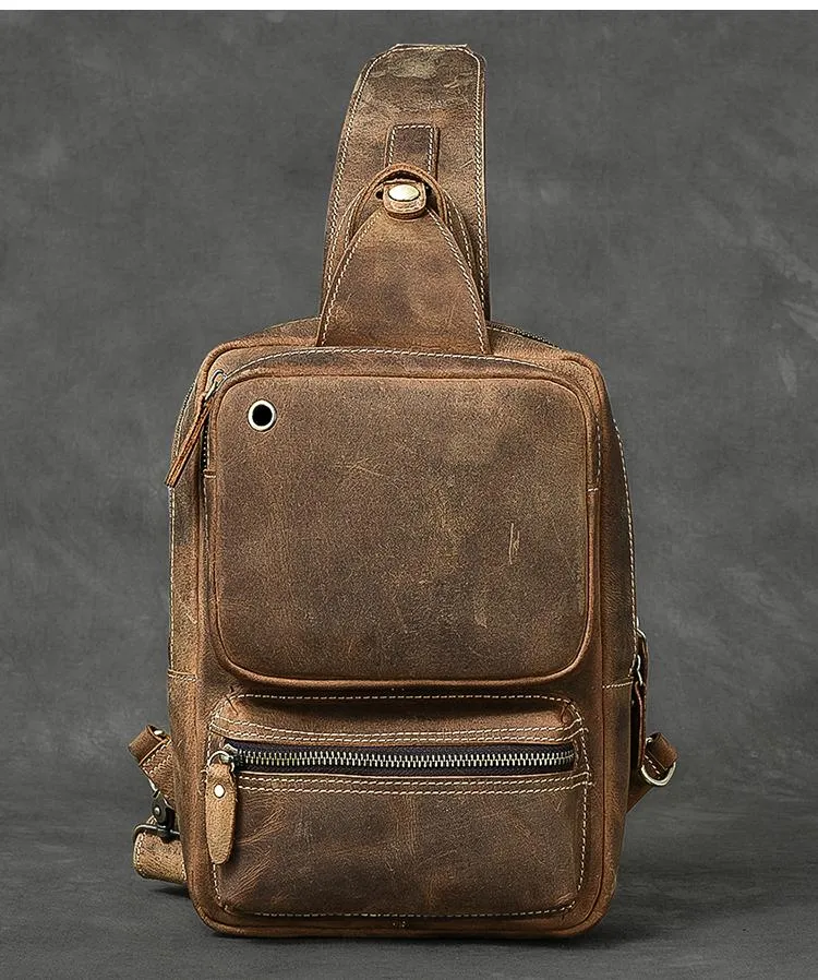 Cool Leather Mens 10" Brown Sling Bag Chest Bag Dark Coffee One Shoulder Backpack for Men